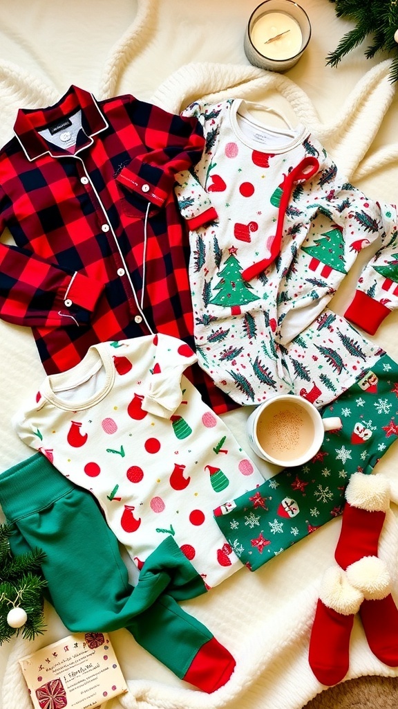 Cozy Christmas Pajama Outfit Ideas A selection of Christmas pajamas on a blanket with cozy socks and a mug of hot cocoa.